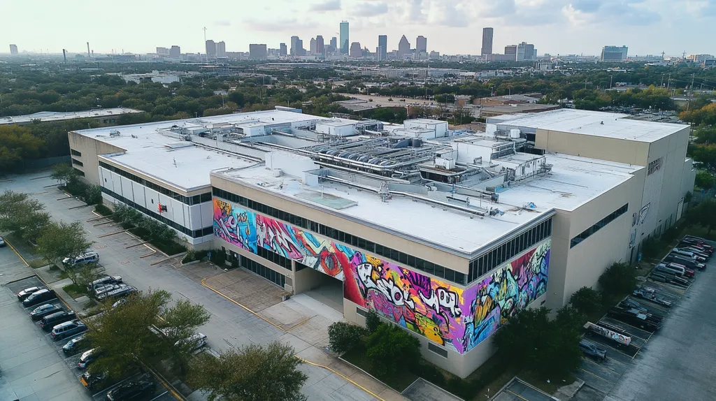 A commercial roof on a hospital in a location similar to Houston with a graffiti mural aesthetic (AI image)
