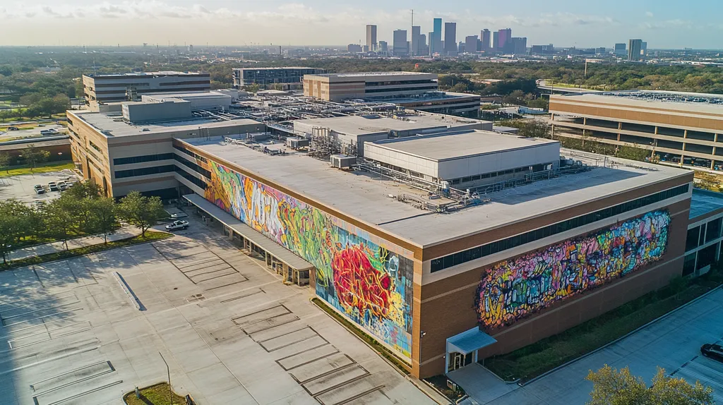 A commercial roof on a hospital in a location similar to Houston with a graffiti mural aesthetic (AI image)