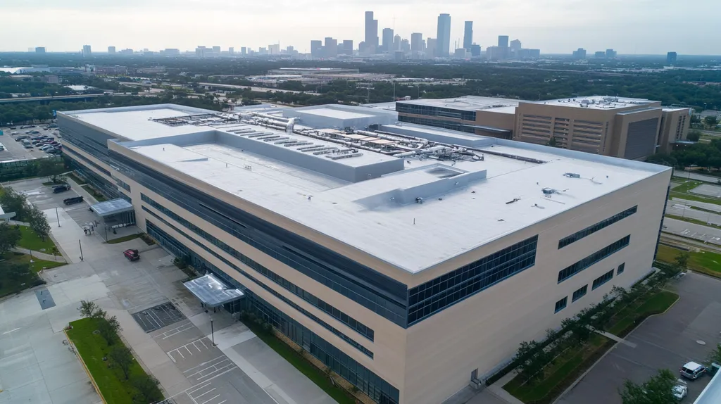 A commercial roof on a hospital in a location similar to Houston with a rainy day aesthetic (AI image)