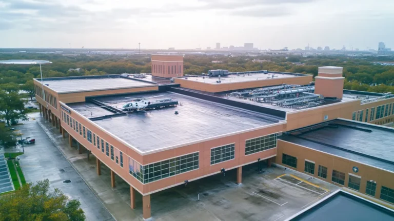 A commercial roof on a hospital in a location similar to Houston with a rainy day aesthetic (AI image)