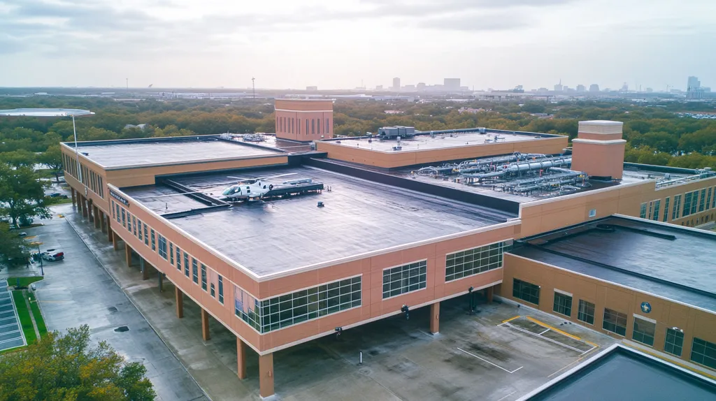 A commercial roof on a hospital in a location similar to Houston with a rainy day aesthetic (AI image)