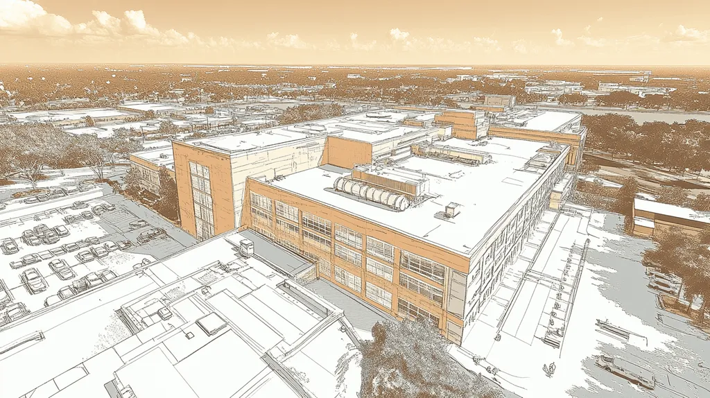 A commercial roof on a hospital in a location similar to Jacksonville with an architectural sketch rendering aesthetic (AI image)