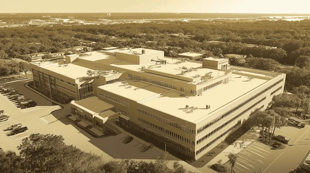 A commercial roof on a hospital in a location similar to Jacksonville with an architectural sketch rendering aesthetic (AI image)
