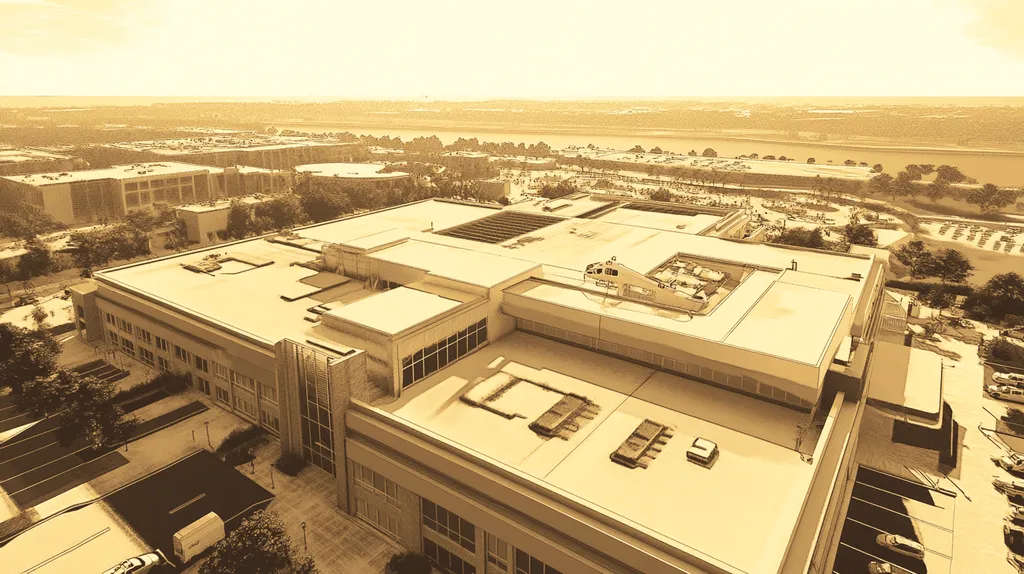 A commercial roof on a hospital in a location similar to Jacksonville with an architectural sketch rendering aesthetic (AI image)