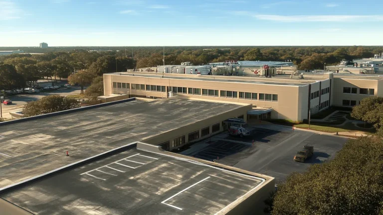 A commercial roof on a hospital in a location similar to Jacksonville with a comic book style aesthetic (AI image)