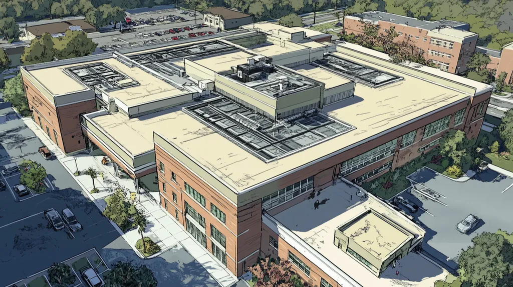 A commercial roof on a hospital in a location similar to Jacksonville with a comic book style aesthetic (AI image)