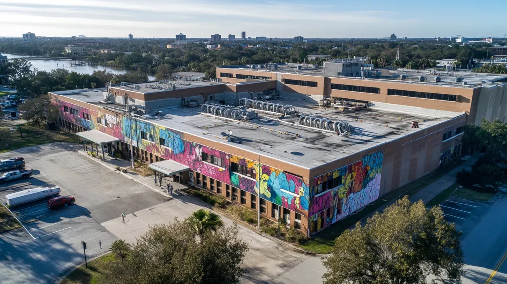 A commercial roof on a hospital in a location similar to Jacksonville with a graffiti mural aesthetic (AI image)