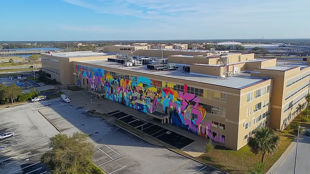 A commercial roof on a hospital in a location similar to Jacksonville with a graffiti mural aesthetic (AI image)