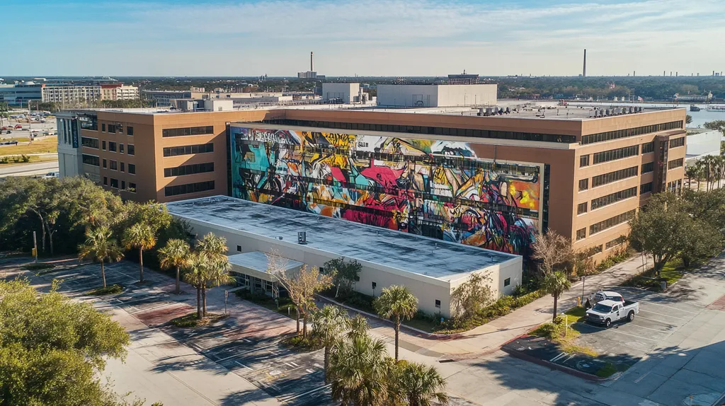 A commercial roof on a hospital in a location similar to Jacksonville with a graffiti mural aesthetic (AI image)