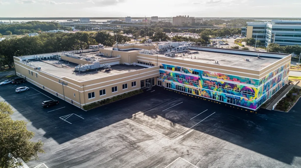 A commercial roof on a hospital in a location similar to Jacksonville with a graffiti mural aesthetic (AI image)
