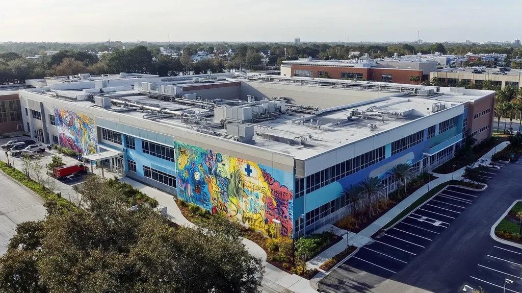 A commercial roof on a hospital in a location similar to Jacksonville with a graffiti mural aesthetic (AI image)