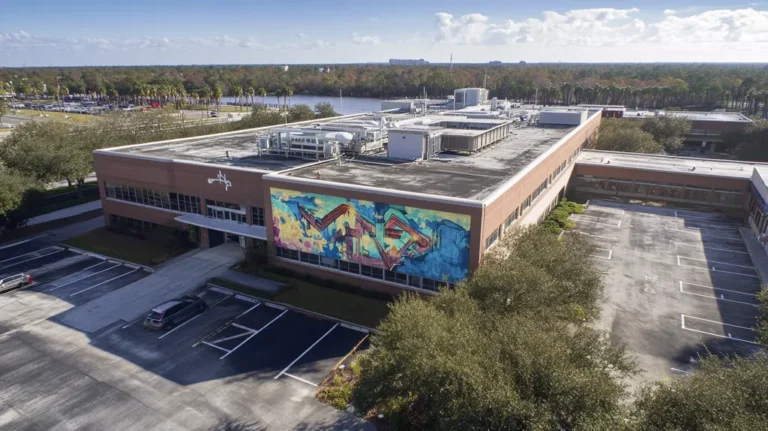 A commercial roof on a hospital in a location similar to Jacksonville with a graffiti mural aesthetic (AI image)