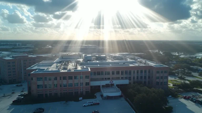 A commercial roof on a hospital in a location similar to Jacksonville with a light beams aesthetic (AI image)