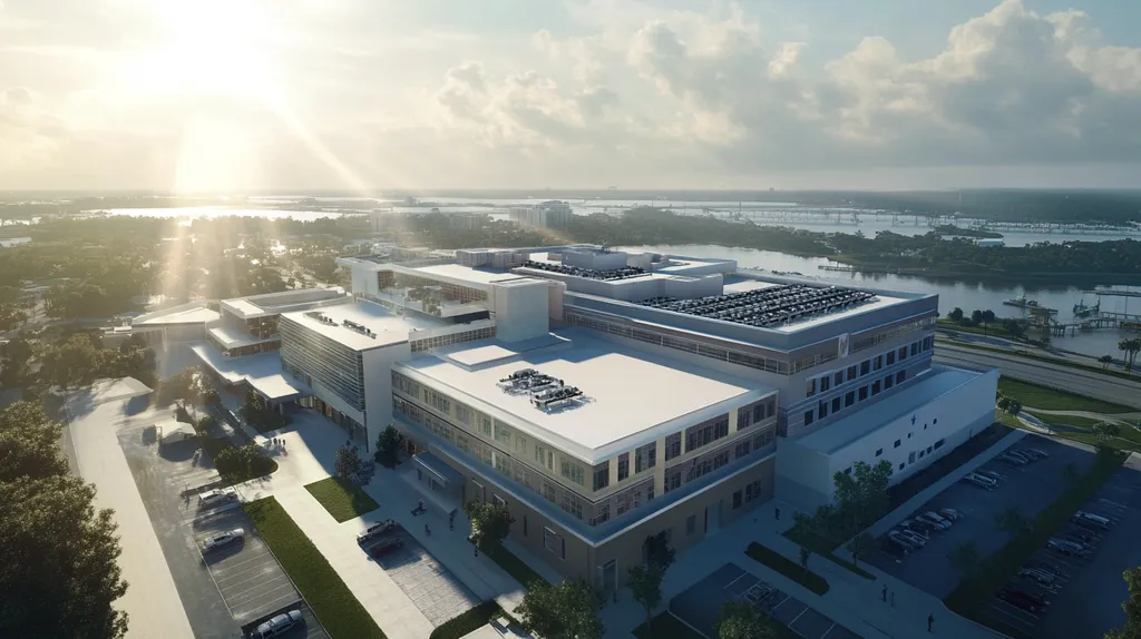 A commercial roof on a hospital in a location similar to Jacksonville with a light beams aesthetic (AI image)