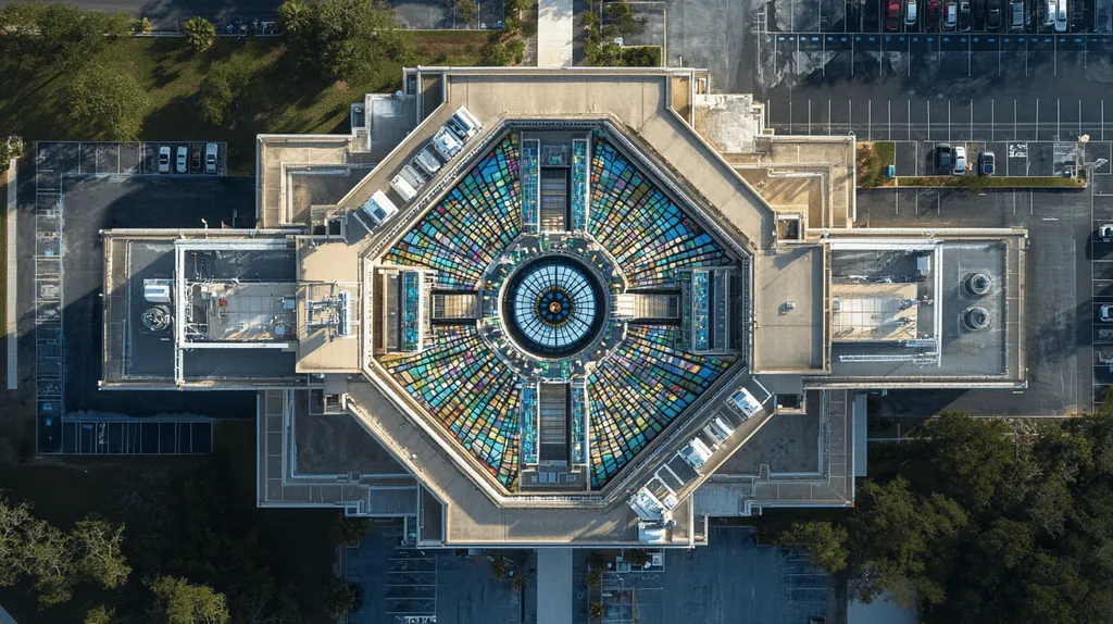 A commercial roof on a hospital in a location similar to Jacksonville with a stained glass style aesthetic (AI image)