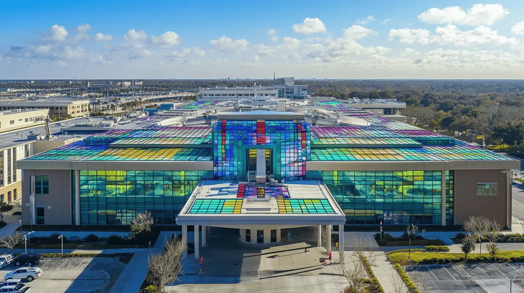 A commercial roof on a hospital in a location similar to Jacksonville with a stained glass style aesthetic (AI image)