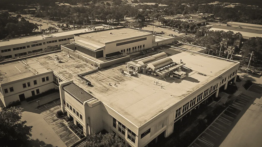 A commercial roof on a hospital in a location similar to Jacksonville with a tintype aesthetic (AI image)