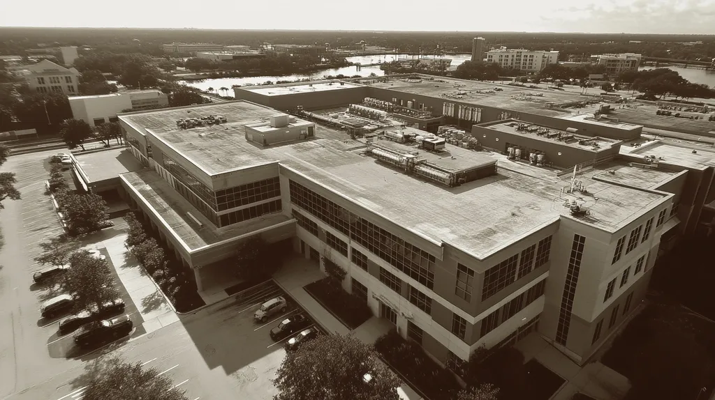 A commercial roof on a hospital in a location similar to Jacksonville with a tintype aesthetic (AI image)