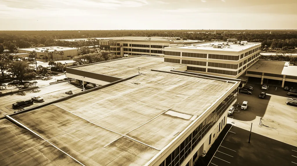 A commercial roof on a hospital in a location similar to Jacksonville with a tintype aesthetic (AI image)