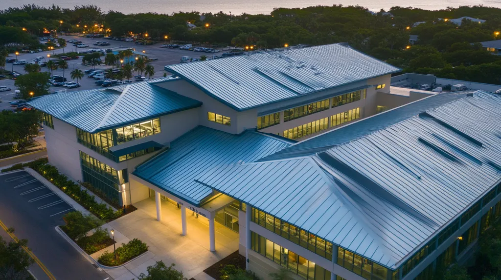A commercial roof on a hospital in a location similar to Key West with an illuminated nightscape aesthetic (AI image)