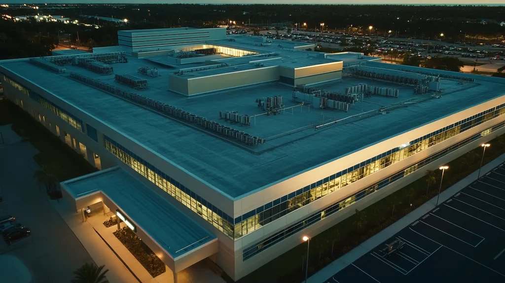A commercial roof on a hospital in a location similar to Key West with an illuminated nightscape aesthetic (AI image)