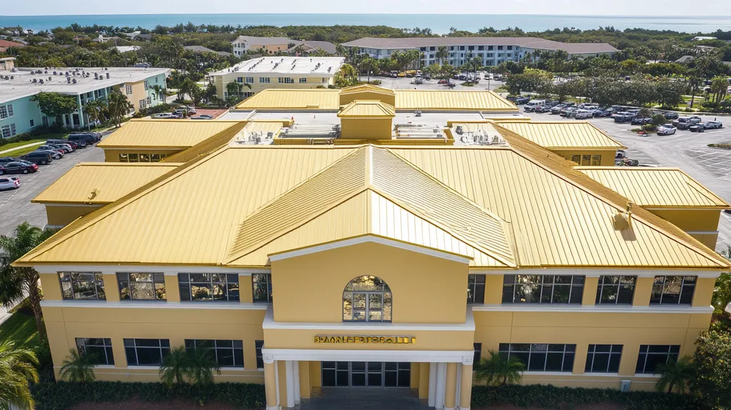 A commercial roof on a hospital in a location similar to Key West with a solid gold aesthetic (AI image)