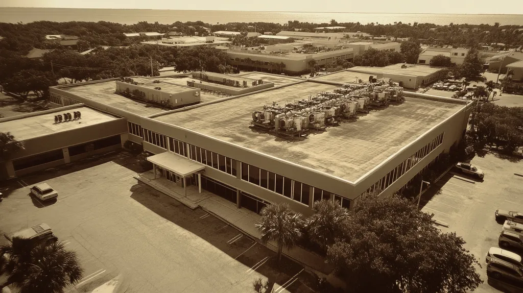 A commercial roof on a hospital in a location similar to Key West with a tintype aesthetic (AI image)