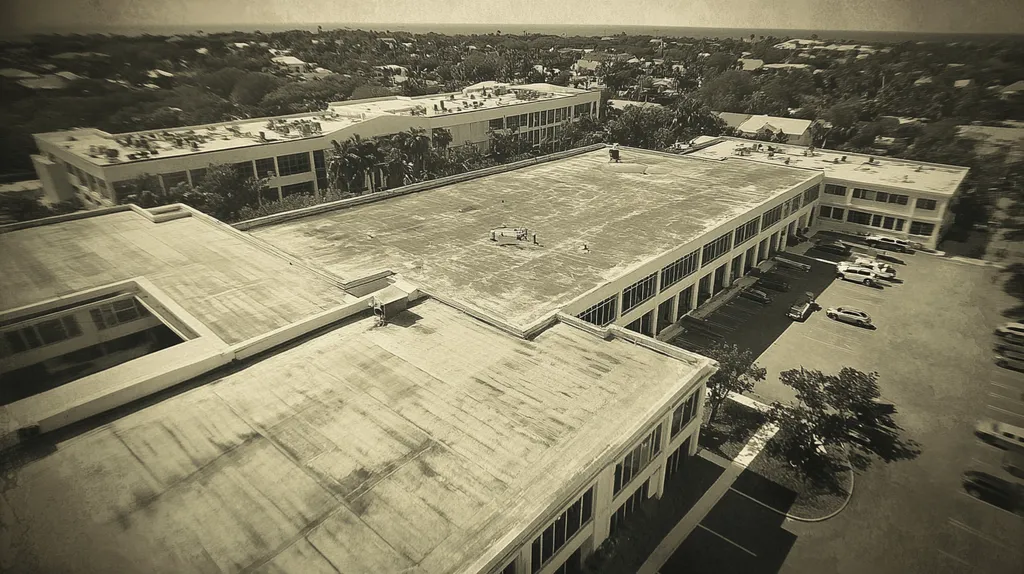 A commercial roof on a hospital in a location similar to Key West with a tintype aesthetic (AI image)