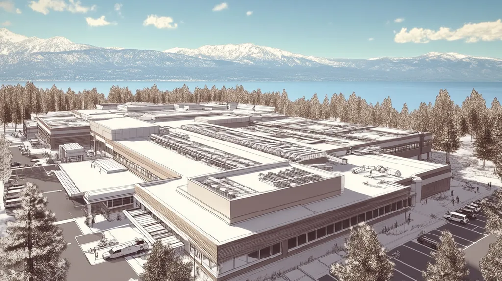 A commercial roof on a hospital in a location similar to Lake Tahoe with an architectural sketch rendering aesthetic (AI image)