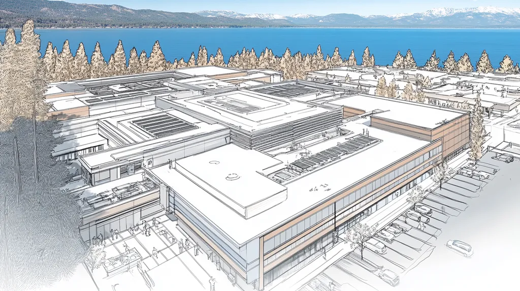 A commercial roof on a hospital in a location similar to Lake Tahoe with an architectural sketch rendering aesthetic (AI image)