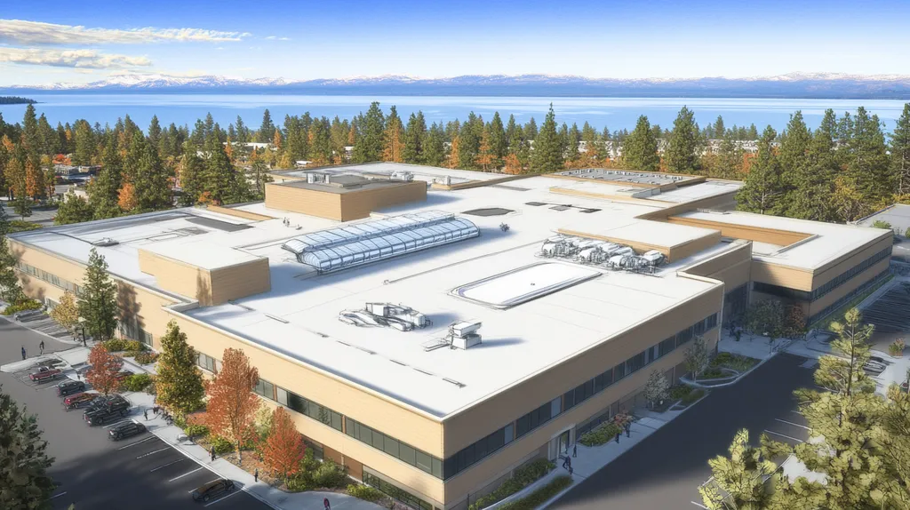 A commercial roof on a hospital in a location similar to Lake Tahoe with an architectural sketch rendering aesthetic (AI image)