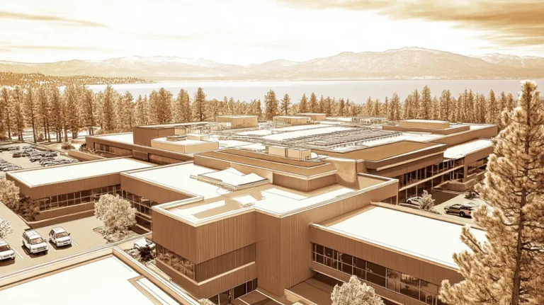 A commercial roof on a hospital in a location similar to Lake Tahoe with an architectural sketch rendering aesthetic (AI image)