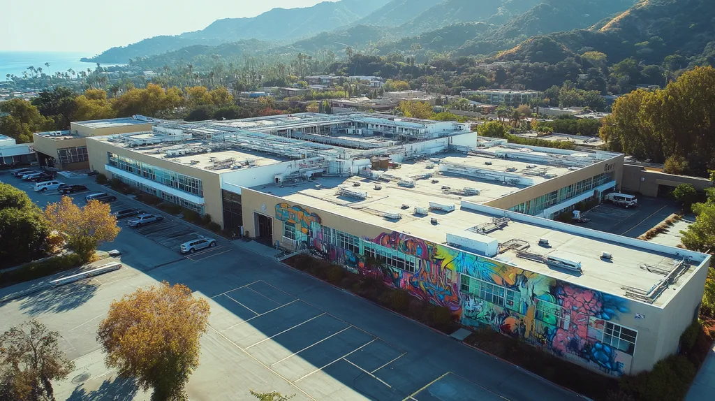 A commercial roof on a hospital in a location similar to Malibu with a graffiti mural aesthetic (AI image)