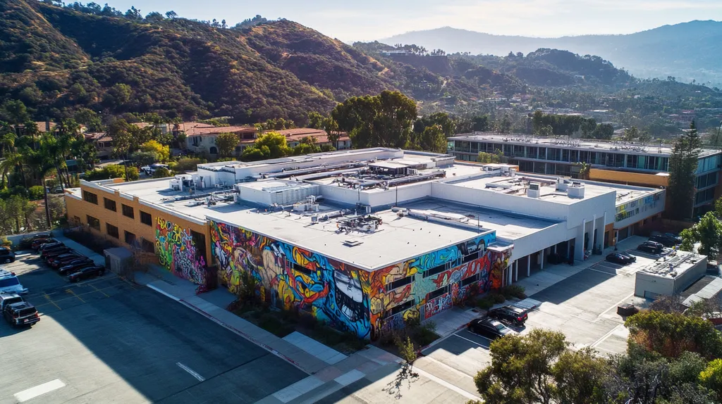 A commercial roof on a hospital in a location similar to Malibu with a graffiti mural aesthetic (AI image)