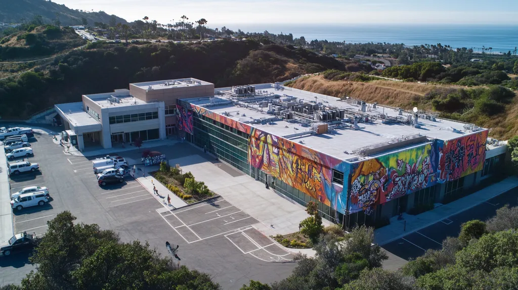 A commercial roof on a hospital in a location similar to Malibu with a graffiti mural aesthetic (AI image)