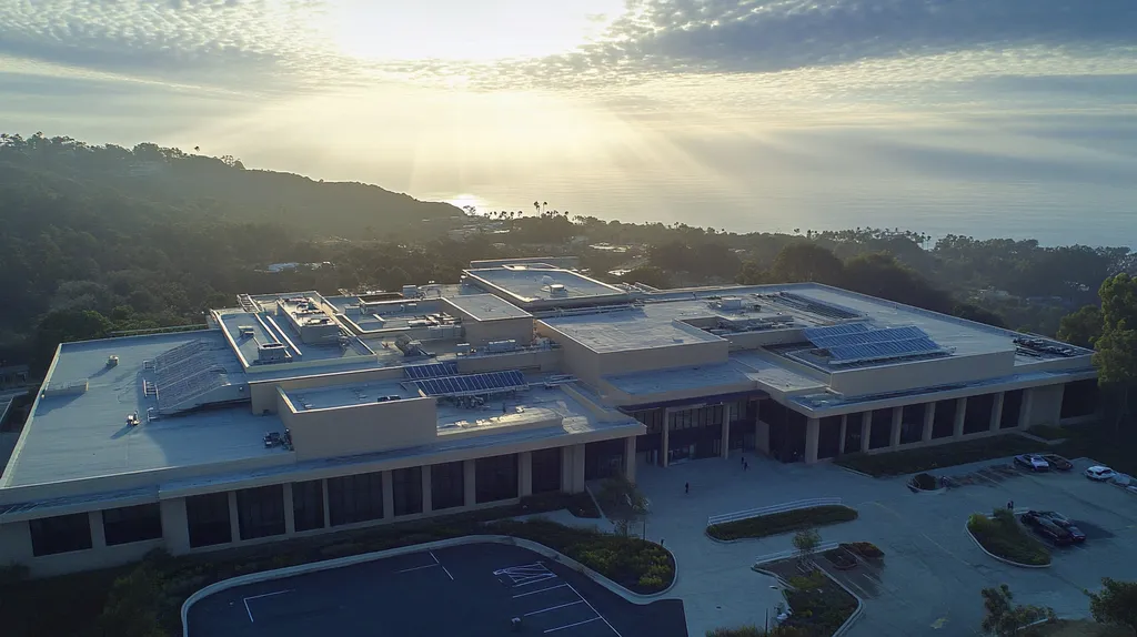 A commercial roof on a hospital in a location similar to Malibu with a light beams aesthetic (AI image)