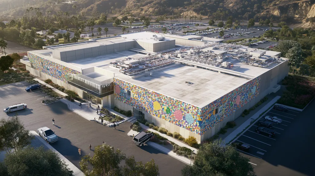 A commercial roof on a hospital in a location similar to Malibu with a mosaic tile art aesthetic (AI image)