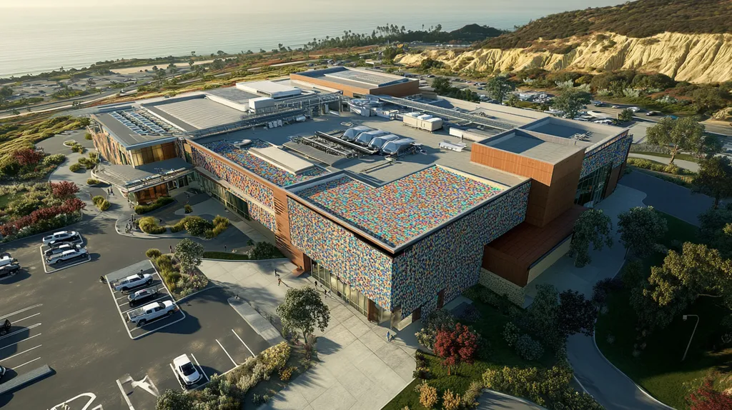 A commercial roof on a hospital in a location similar to Malibu with a mosaic tile art aesthetic (AI image)