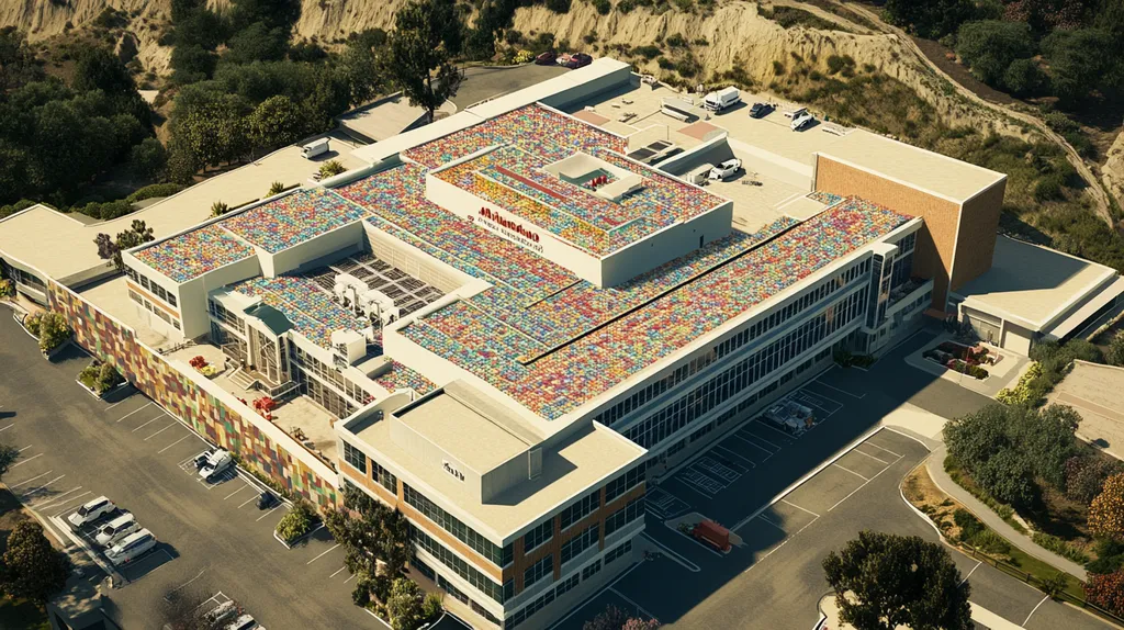 A commercial roof on a hospital in a location similar to Malibu with a mosaic tile art aesthetic (AI image)