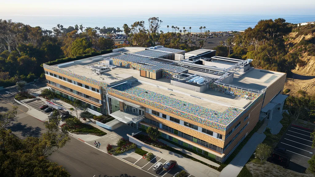 A commercial roof on a hospital in a location similar to Malibu with a mosaic tile art aesthetic (AI image)