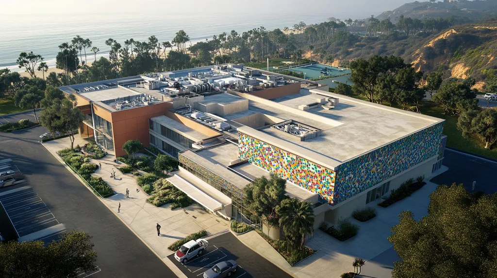 A commercial roof on a hospital in a location similar to Malibu with a mosaic tile art aesthetic (AI image)