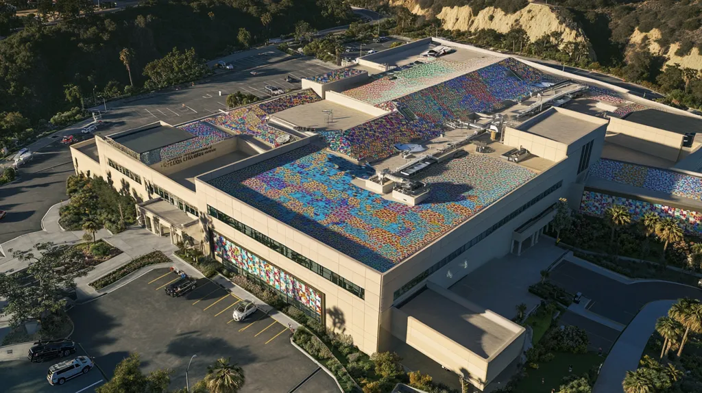 A commercial roof on a hospital in a location similar to Malibu with a mosaic tile art aesthetic (AI image)