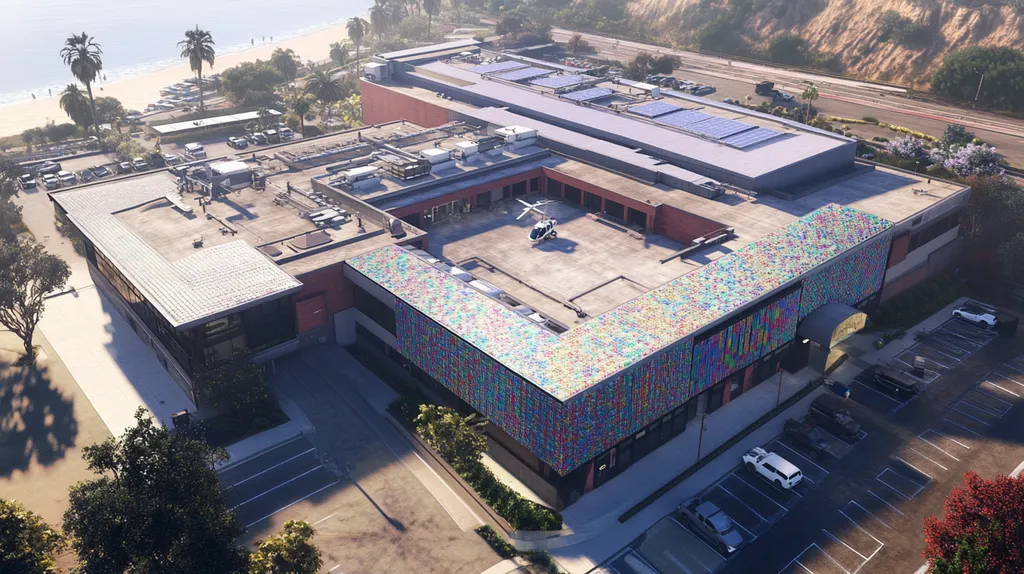 A commercial roof on a hospital in a location similar to Malibu with a mosaic tile art aesthetic (AI image)