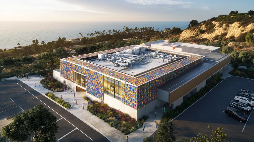 A commercial roof on a hospital in a location similar to Malibu with a mosaic tile art aesthetic (AI image)