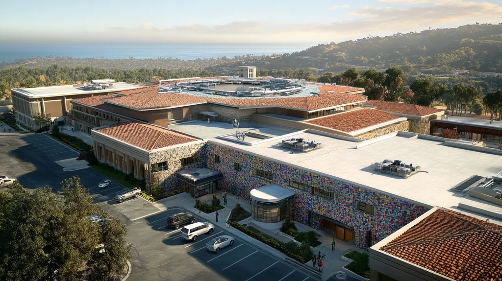 A commercial roof on a hospital in a location similar to Malibu with a mosaic tile art aesthetic (AI image)