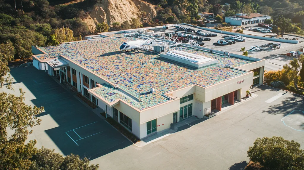 A commercial roof on a hospital in a location similar to Malibu with a mosaic tile art aesthetic (AI image)