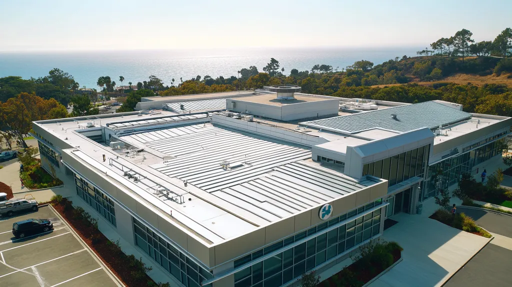 A commercial roof on a hospital in a location similar to Malibu with a stainless steel aesthetic (AI image)