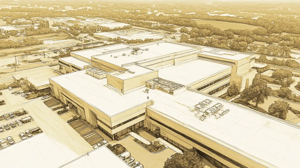 A commercial roof on a hospital in a location similar to Nashville with an architectural sketch rendering aesthetic (AI image)