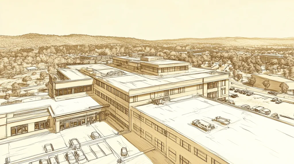 A commercial roof on a hospital in a location similar to Nashville with an architectural sketch rendering aesthetic (AI image)