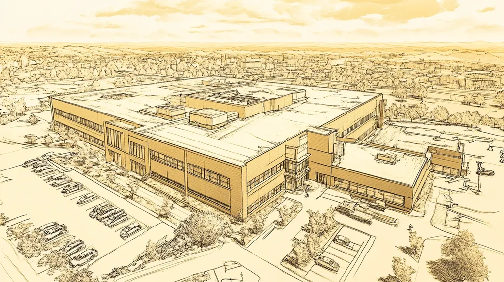 A commercial roof on a hospital in a location similar to Nashville with an architectural sketch rendering aesthetic (AI image)